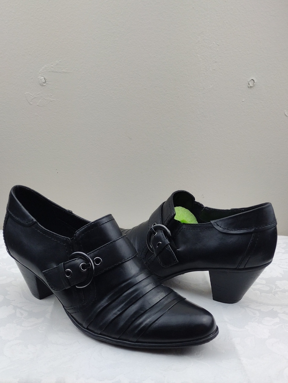 Maripe' Hansen Black Leather Ruched Buckle Upper Almond Toe Slip On Bootie Shoe